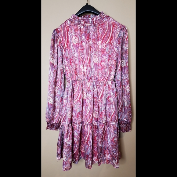 Burgundy & lilac boho paisley print mock neck long sleeve tierd ruffle dress - Picture 9 of 11